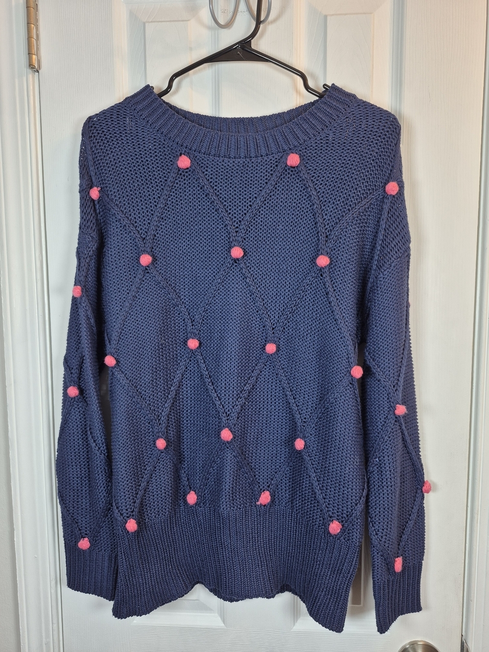 ALYA Navy Pink Pom Pom Sweater Small Coquette Cottagecore Whimsigoth